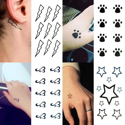 Vista 2 de Kit de tatuajes temporales pequeños y bonitos de 30 hojas, cámara negra con estampado de pies, elefante, estrella, diamante, cruz, pájaro, gato