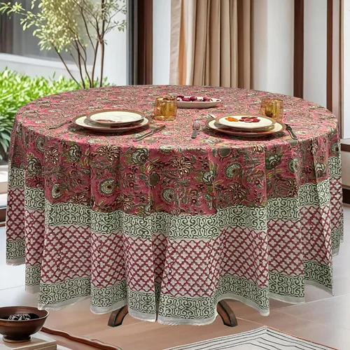 Vista 42 de Mantel redondo con estampado de bloque a mano, 100% algodón, reutilizable, turquesa, verde musgo, 90 pulgadas, mantel decorativo para uso diario
