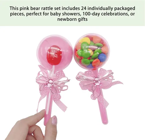 Vista 6 de 24 piezas rellenables de sonajero para bebé, color rosa con oso decorativo y cinta