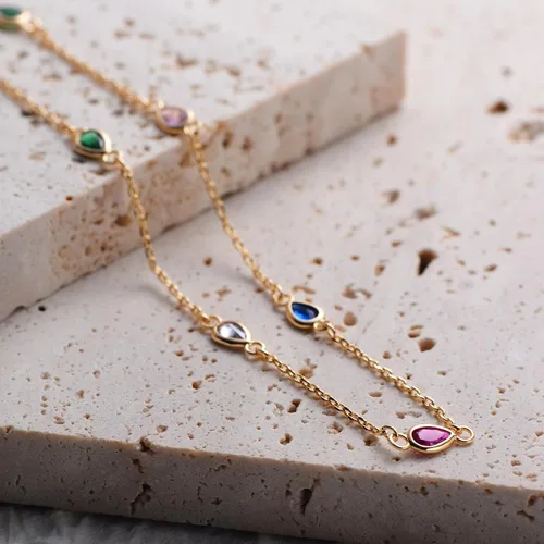 Vista 5 de Dainty Colorful Choker Necklace for Women 18K Gold Plated Multicolor Link Chain Choker, Paper Clip T Necklace, Coloured Cubic Zirconium Necklace for