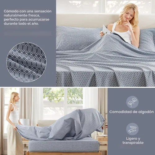Vista 3 de Comfort Spaces Sábanas 100% algodón tamaño individual, transpirables, naturalmente frescas, sábanas de algodón suave con bolsillo elástico de 14