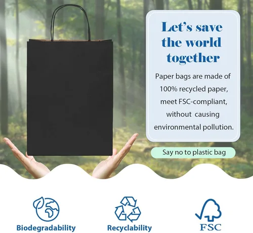 Vista 4 de GSSUSA Bolsas de papel negras de 8 x 4.25 x 10.5 pulgadas, 20 unidades, bolsa de papel de regalo con asas a granel, regalo de graduación, papel