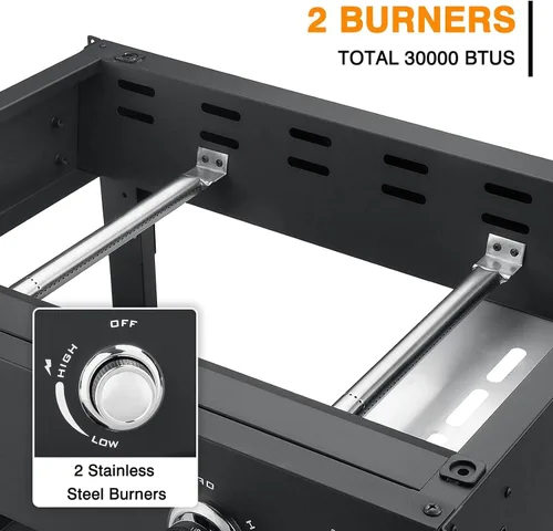 Vista 5 de Parrilla plegable de 2 quemadores de gas, parrilla de propano desmontable de acero inoxidable de 28 pulgadas, parrilla de barbacoa plana de 30,000
