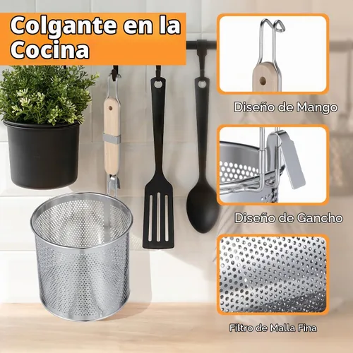 Vista 7 de Angoily Colador de pasta de malla de 1 galón de acero inoxidable de 6.5 pulgadas de profundidad, colador de olla caliente con mango de madera, 3.7 L