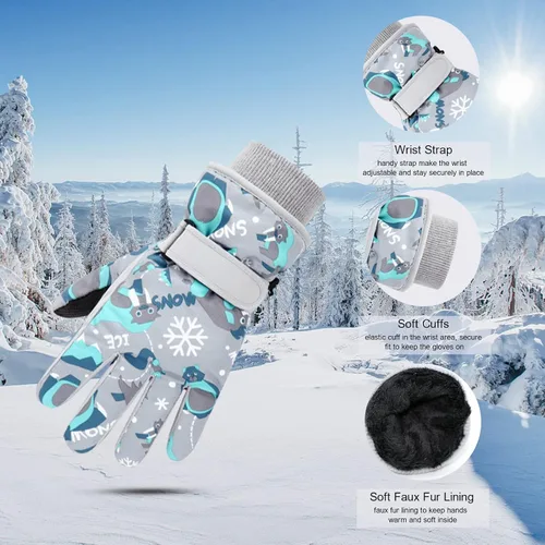 Vista 3 de Caudblor Guantes de esquí para niños, guantes de invierno impermeables para niños y niñas, guantes de invierno aislados para jóvenes de 7 a 12 años