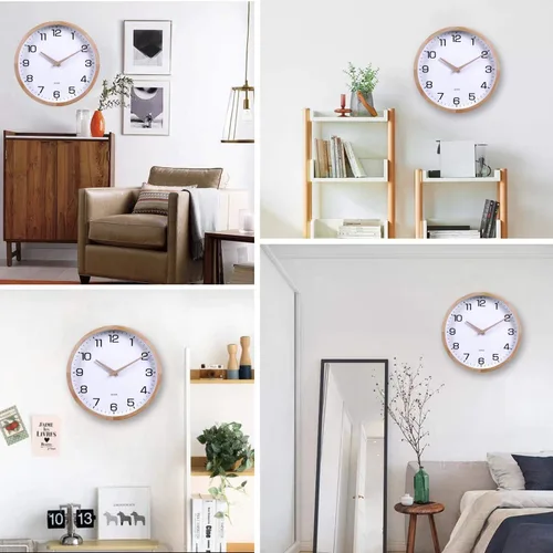 Vista 5 de Kesin Reloj de Pared Silencioso Redondo de Madera de 12 Pulgadas, Relojes de Pared de Madera Blanca Analógicos a Batería Sin Tictac para Sala