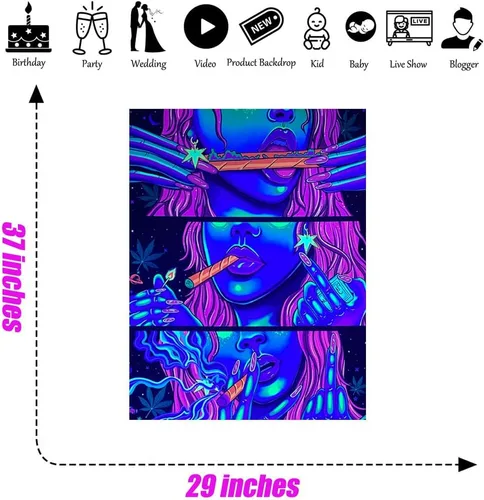 Vista 5 de Tapiz hippie hippy de pared Trippy para fumar, tapices de luz negra para fumadores, decoración de habitación, accesorios de marihuana, tapices