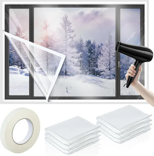 Vista 8 de Kit de aislamiento de ventana de 6 piezas de 47 x 63 pulgadas, película retráctil transparente cortable con cinta adhesiva de doble cara