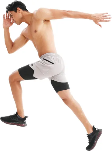 Vista 4 de BROKIG Pantalones cortos deportivos para hombre, con bolsillo en el muslo, pantalones cortos de gimnasio 2 en 1, ligeros, de secado rápido