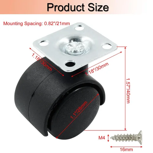 Vista 2 de 4 piezas de ruedas giratorias de 1 pulgada, ruedas de placa de nylon negro, ruedas giratorias de placa resistente de repuesto para muebles, carro