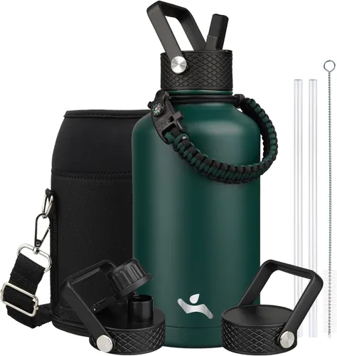 Vista 46 de Konokyo - Botella de agua aislada de 18 onzas, botellas deportivas de acero inoxidable con 3 tapas, verde militar