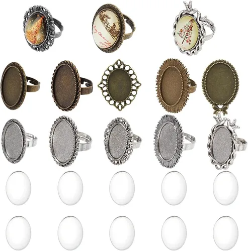 Vista 17 de SUNNYCLUE Juego de 24 piezas de anillos ajustables mixtos, cabujones, kit de fabricación de joyas, ajuste de anillo de dedo, cabujones de cristal