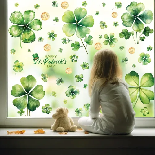 Vista 3 de Adhesivo de trébol para ventana, acuarela, trébol de la suerte de 4 hojas, Día de San Patricio, ventana, color verde, para el día de San Patricio