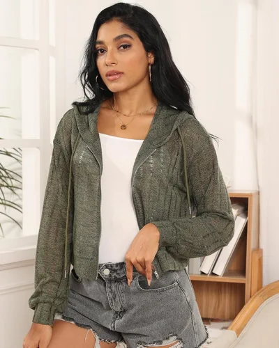 Vista 3 de Lokesaidi Sudadera corta con capucha y cremallera para mujer, ligera, ahuecada Y2K, manga larga, con cordón