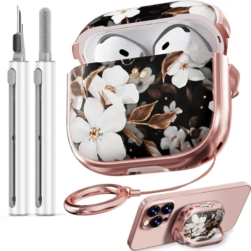 Vista 33 de Inesore Funda con bloqueo de seguridad para AirPods 4 2024, bonita funda floral para AirPod de 4ª generación para mujeres con kit limpiador
