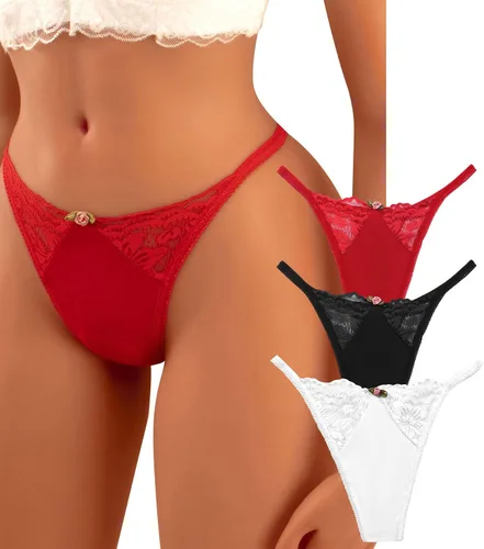 Vista 12 de Banamic Tangas con G-string para Mujeres, Ropa Interior Sexy de Encaje Elástica con T-Back Un negro