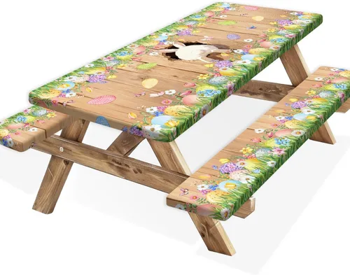 Vista 34 de Funda para Mesa de Picnic con Fundas para Bancos y Bolsa, Campista de Madera Impermeable Resistente al Viento, Cubierta de Mantel Ajustada con Borde