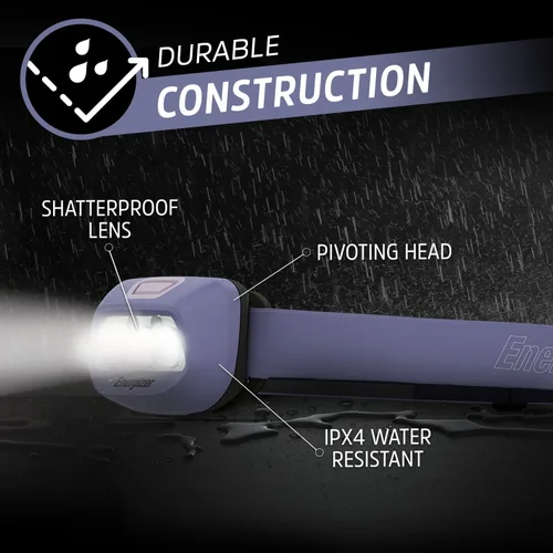 Vista 3 de Linterna frontal LED Energizer HDL30 púrpura multicolor, 400 lúmenes, resistente al agua IPX4, linterna ajustable con modo LED rojo y verde