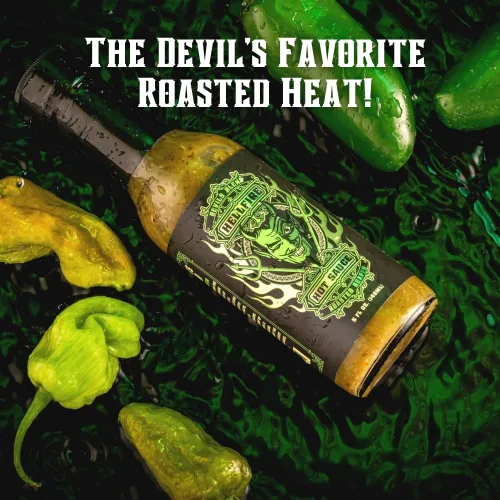 Vista 4 de Hellfire Hot Sauce Devil's Blend - Salsa Verde Gourmet picante picante de Carolina Reaper asada al fuego, presentada en el programa de televisión