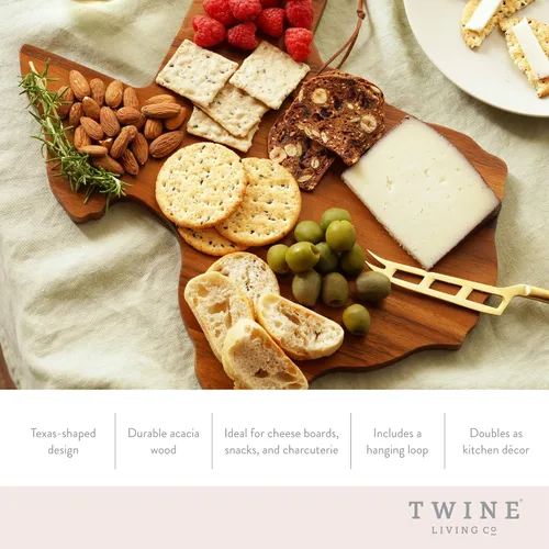 Vista 2 de Twine Texas-Shaped Acacia Wood Cheese Board - Durable Cheese, Charcuterie and Serving Platter with Hanging Loop, Perfect for Entertaining and