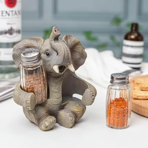 Vista 2 de Juego de saleros y pimenteros de elefante con tarros de especias de cristal, dispensador de sal y pimienta con figura de elefante de resina