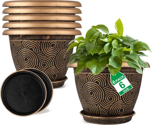 Vista 10 de Fodetyff Macetas de 6 Pulgadas para Plantas de Interior y Exterior, Juego de 6 Macetas Pequeñas de Plástico con Agujero de Drenaje y Bandeja, Maceta