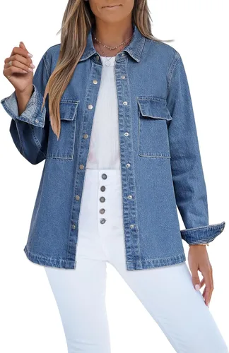 Vista 13 de Luvamia - Chaquetas de mezclilla para mujer 2025, moda de otoño, chaqueta de gran tamaño, abotonada, de mezclilla, chaqueta estilo western con azul