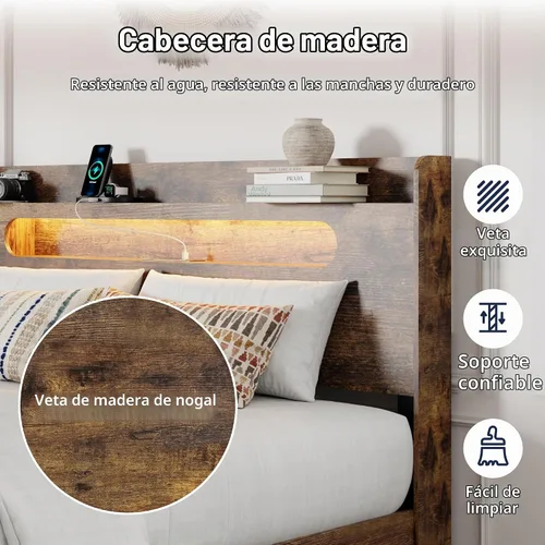 Vista 4 de Base de cama matrimonial con cabecera de almacenamiento y estación de carga, color marrón Platform Bed Frame, LED Lights, Wooden Slats