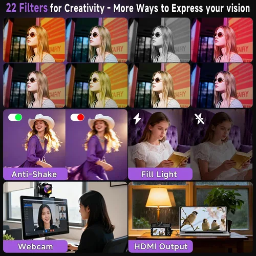 Vista 5 de Cámara digital 6K para fotografía con enfoque automático, cámara de videoblogs WiFi de 64 megapíxeles para YouTube con pantalla giratoria de 3