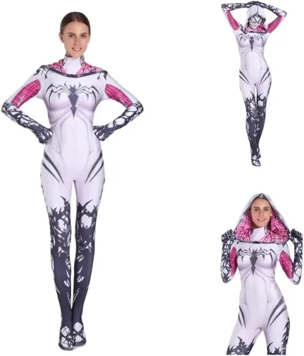 Vista 4 de LG LOUIS GARDEN Disfraz de araña para niños, estilo 3D, traje de araña blanca, overol con máscara para fiesta de Halloween, cosplay, traje para niñas
