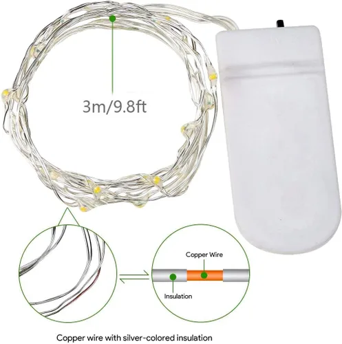 Vista 2 de Paquete de 15 tiras de 30 luces LED micro estrelladas que funcionan con pilas (incluidas), luces de alambre plateado impermeables de hadas