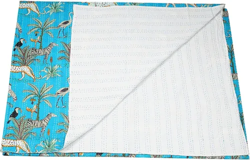 Vista 37 de Marubhumi Edredón tradicional indio de algodón puro con estampado de selva Kantha, funda de cama, colcha Kantha con estampado de animales, Negro