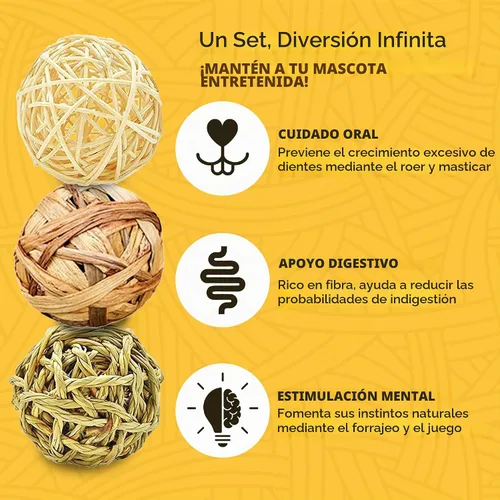 Vista 3 de SunGrow Paquete de 3 bolas masticables de conejo, juguete de dentición de hierba surtida para mascotas de bolsillo pequeñas, soporte de desgaste