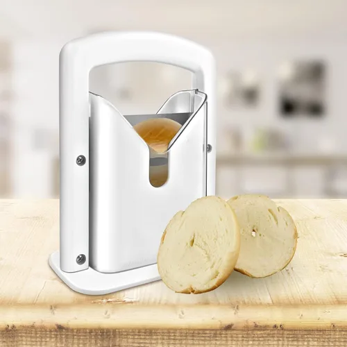 Vista 2 de Cortador de bagel, perfecto para bagels, agarre seguro, cortador de guillotina, escudo de seguridad, acero inoxidable (blanco)