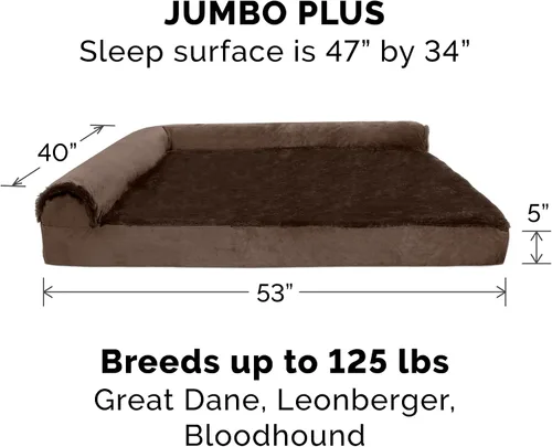 Vista 2 de Furhaven - Cama para perro de espuma viscoelástica, en forma de L, estilo diván, de felpa y terciopelo, marrón sable, talla jumbo plus (XXL)