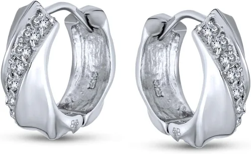 Vista 2 de Elegant Cubic Zirconia CZ Accent Stripe Criss Cross Twist OXOX Huggie Small Hoop Earrings For Women Men 14K Gold Plated .925 Sterling Silver