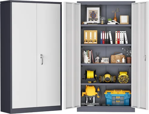 Vista 14 de Greenvelly Armario de almacenamiento de metal de 72 pulgadas de alto con 2 puertas y 4 estantes ajustables, gabinete de metal negro con cerradura