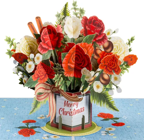 Vista 4 de Paper Love Tarjeta de Navidad desplegable, ramo de flores 3D con recuerdo, regalo de decoración navideña, 10 x 7 pulgadas con sobre y etiqueta