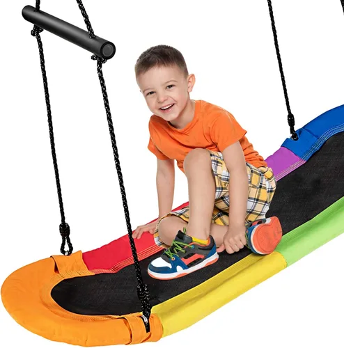 Vista 9 de Costzon Skycurve Columpio de árbol de plataforma, columpio rectangular de surf con asas, cuerdas para colgar en altura ajustable, borde acolchado