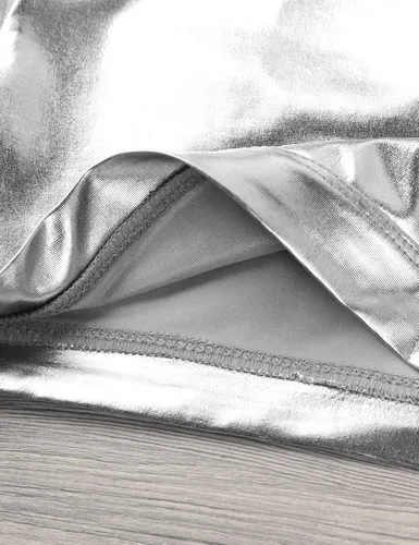 Vista 7 de TiaoBug Camiseta corta de manga larga con cuello alto falso para niñas y niñas, atlética, brillante, metálica, para danza, camiseta deportiva lisa