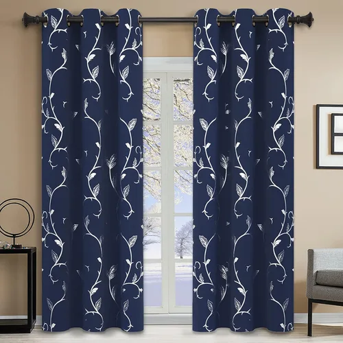 Vista 100 de BUHUA Juego de 2 paneles de cortinas opacas con estampado de vid plateada, cortinas con aislamiento térmico para oscurecer la habitación
