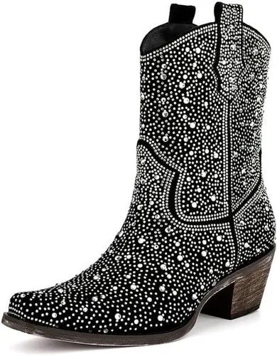 Vista 2 de sexytag Botas vaqueras brillantes con diamantes de imitación para mujer, tacón bajo y grueso, punta cuadrada, botines de meter