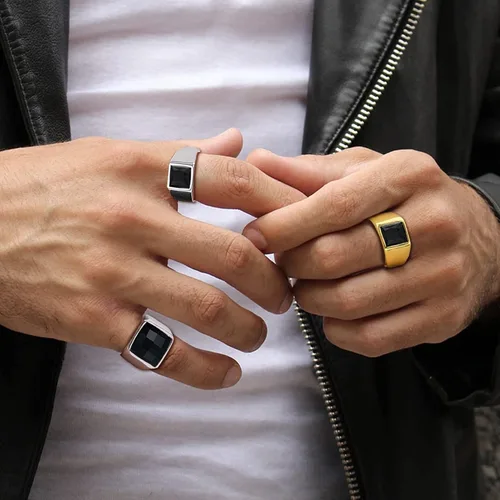 Vista 9 de U7 Anillo de joyería de moda de ónix negroazul para hombres y mujeres, anillos de sello cuadrado de acero inoxidable para papá y padre, anillos