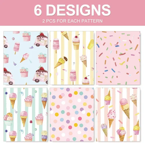Vista 3 de JarThenaAMCS 12 hojas de papel de regalo de helado, papel colorido de regalo de verano, papel de arte de helado pastel a granel, plegado plano