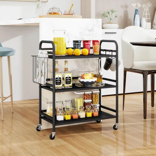 Vista 5 de HDANI Carrito de metal rodante de 3 niveles, carrito multiusos de alta capacidad resistente para oficina, cocina, sala de estar, dormitorio, negro
