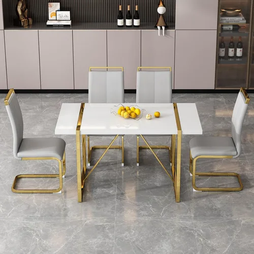 Vista 21 de Mesa de comedor Ebullient para 4, mesa de comedor rectangular negra de MDF, tapa de mesa de cena de mármol falso, mesa de comedor moderna con marco