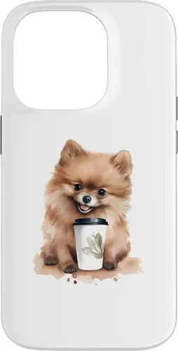 Vista 17 de iPhone 16 Pomerania perro con café estilo acuarela caso