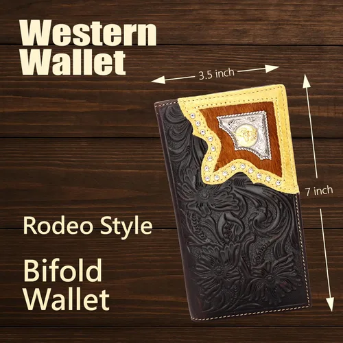 Vista 2 de Cartera Western para hombre - Cartera de piel auténtica con incrustaciones y concho (café)