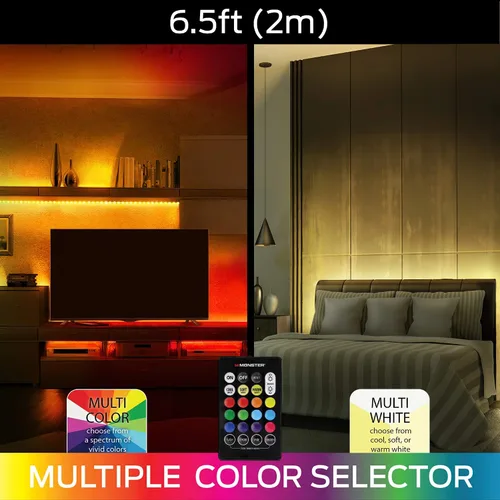 Vista 4 de Monster - Paquete de 2 tiras de luz LED multicolor y multicolor de 6.5 pies, personalizables, despegar e instalar, flexible, ambiente mejorado