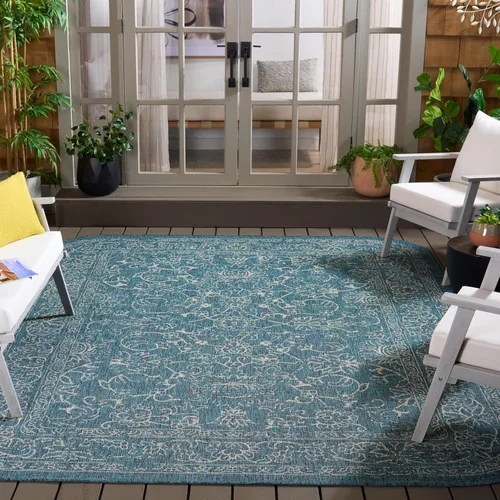 Vista 92 de SAFAVIEH Alfombra lavable al aire libre, colección Courtyard - 2'3" x 5', azul aguamarina y gris, no desprende pelusa y fácil limpieza, ideal